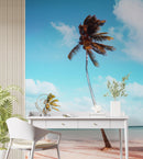 Palm Tree on Beach Coastline Wall Mural. Tropical Theme Peel and Stick Wallpaper Decor.