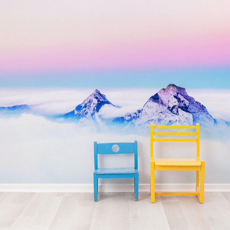 Pastel Color Mountain View on Top of Clouds Wall Mural. Peel and Stick Wallpaper / Removable Wall Mural.