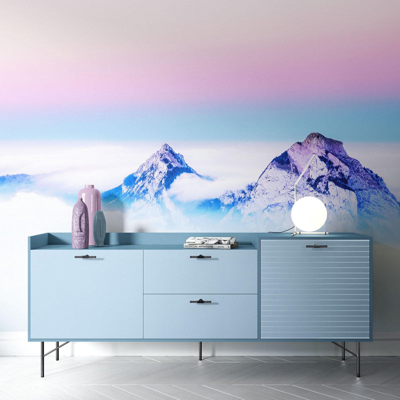 Pastel Color Mountain View on Top of Clouds Wall Mural. Peel and Stick Wallpaper / Removable Wall Mural.