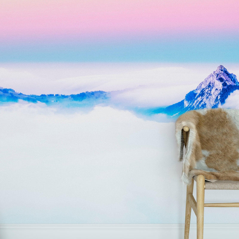 Pastel Color Mountain View on Top of Clouds Wall Mural. Peel and Stick Wallpaper / Removable Wall Mural.