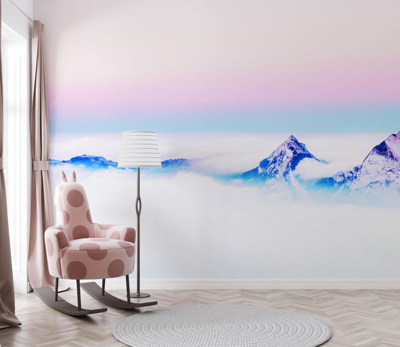 Pastel Color Mountain View on Top of Clouds Wall Mural. Peel and Stick Wallpaper / Removable Wall Mural.