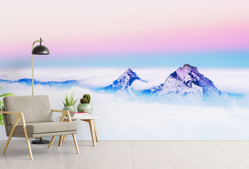 Pastel Color Mountain View on Top of Clouds Wall Mural. Peel and Stick Wallpaper / Removable Wall Mural.