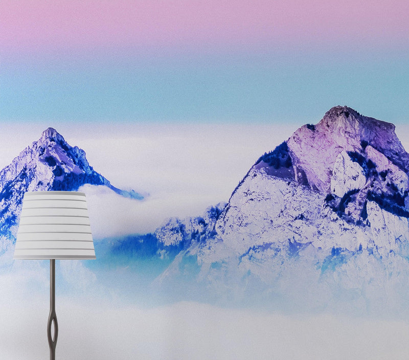 Pastel Color Mountain View on Top of Clouds Wall Mural. Peel and Stick Wallpaper / Removable Wall Mural.