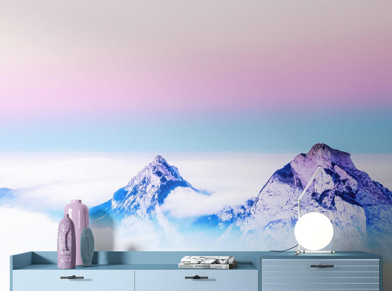 Pastel Color Mountain View on Top of Clouds Wall Mural. Peel and Stick Wallpaper / Removable Wall Mural.