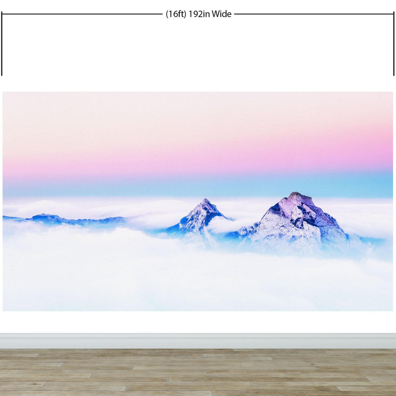 Pastel Color Mountain View on Top of Clouds Wall Mural. Peel and Stick Wallpaper / Removable Wall Mural.