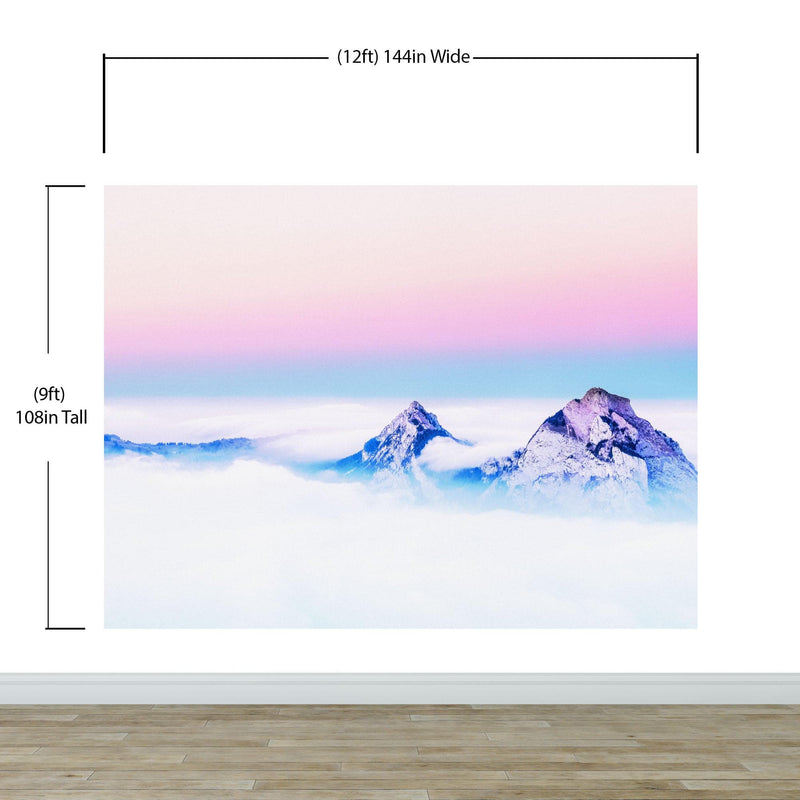 Pastel Color Mountain View on Top of Clouds Wall Mural. Peel and Stick Wallpaper / Removable Wall Mural.