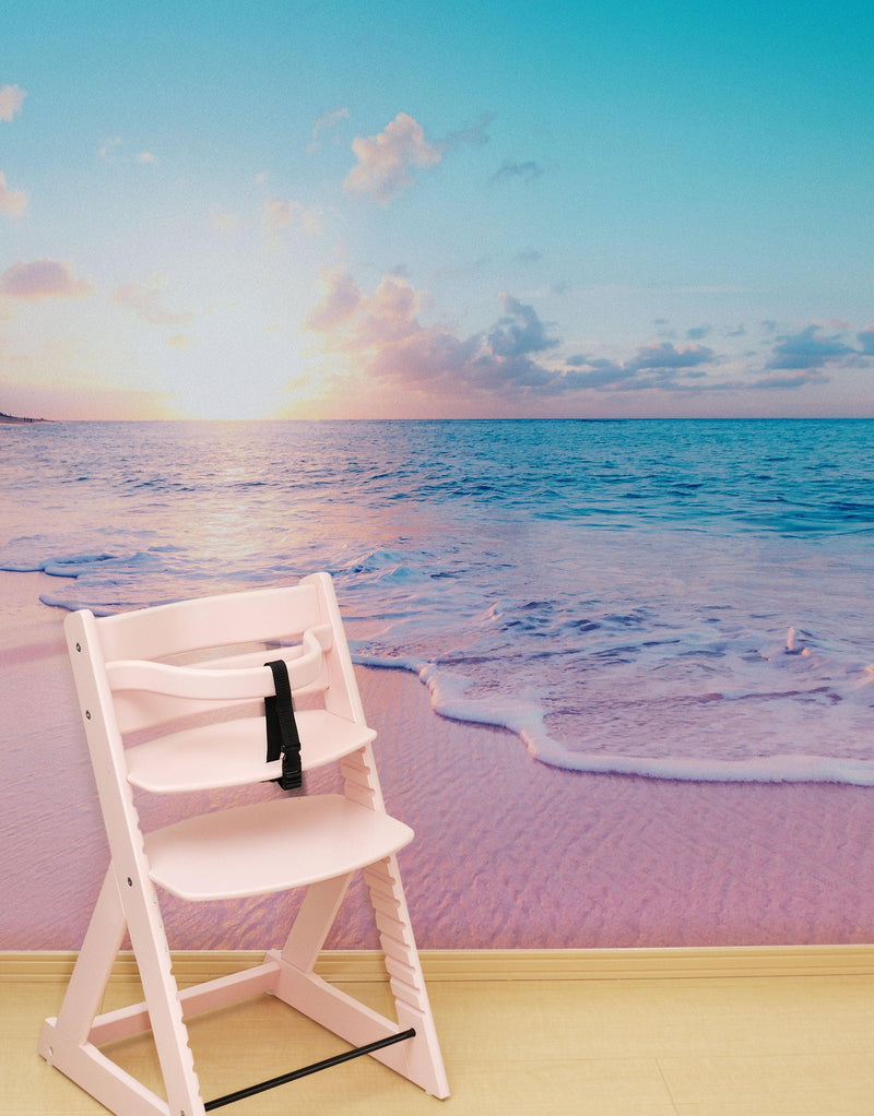 Pastel Color Sunset over Paradise Beach Wall Mural. Pastel Pink and Blue Color Scheme Peel and Stick Wallpaper.