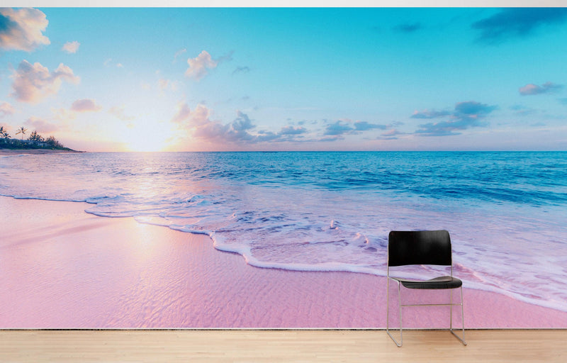 Pastel Color Sunset over Paradise Beach Wall Mural. Pastel Pink and Blue Color Scheme Peel and Stick Wallpaper.