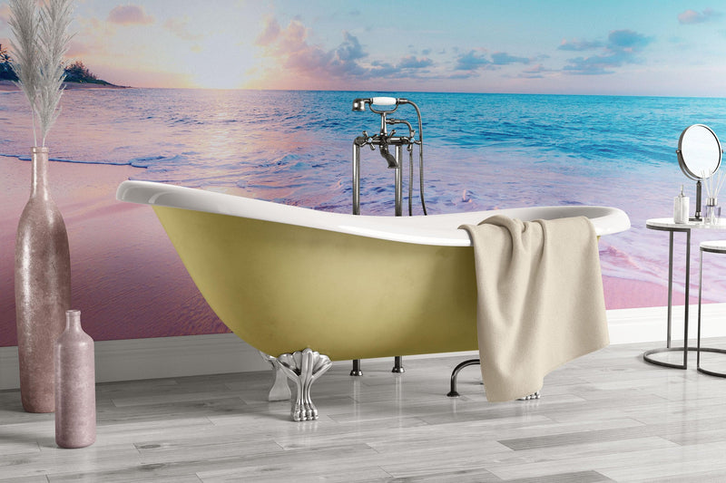 Pastel Color Sunset over Paradise Beach Wall Mural. Pastel Pink and Blue Color Scheme Peel and Stick Wallpaper.