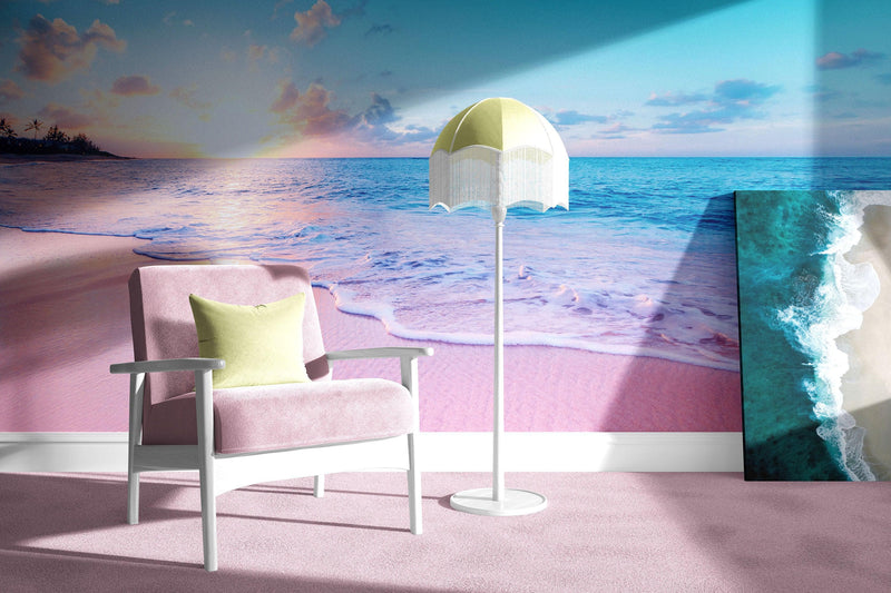 Pastel Color Sunset over Paradise Beach Wall Mural. Pastel Pink and Blue Color Scheme Peel and Stick Wallpaper.