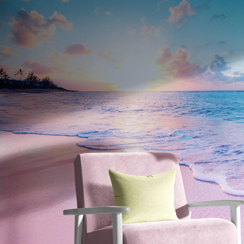 Pastel Color Sunset over Paradise Beach Wall Mural. Pastel Pink and Blue Color Scheme Peel and Stick Wallpaper.