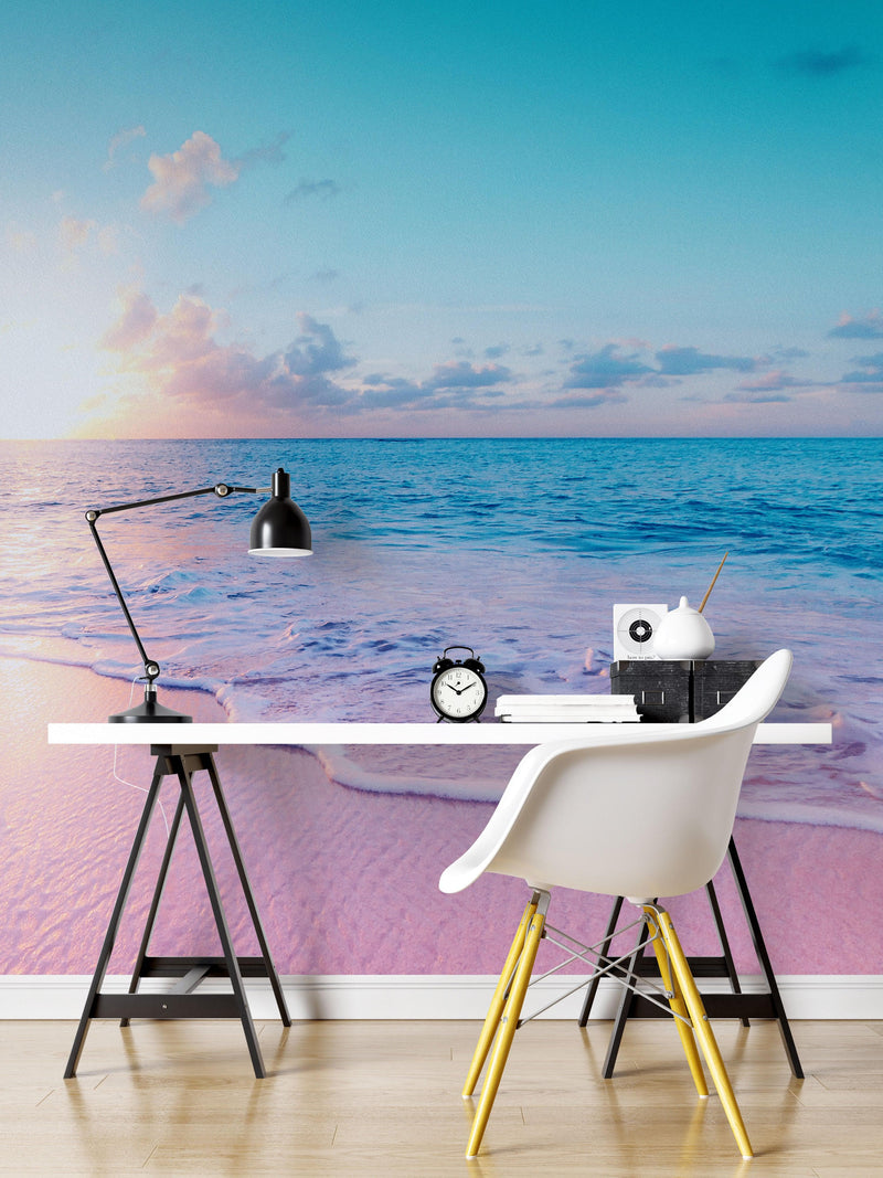 Pastel Color Sunset over Paradise Beach Wall Mural. Pastel Pink and Blue Color Scheme Peel and Stick Wallpaper.