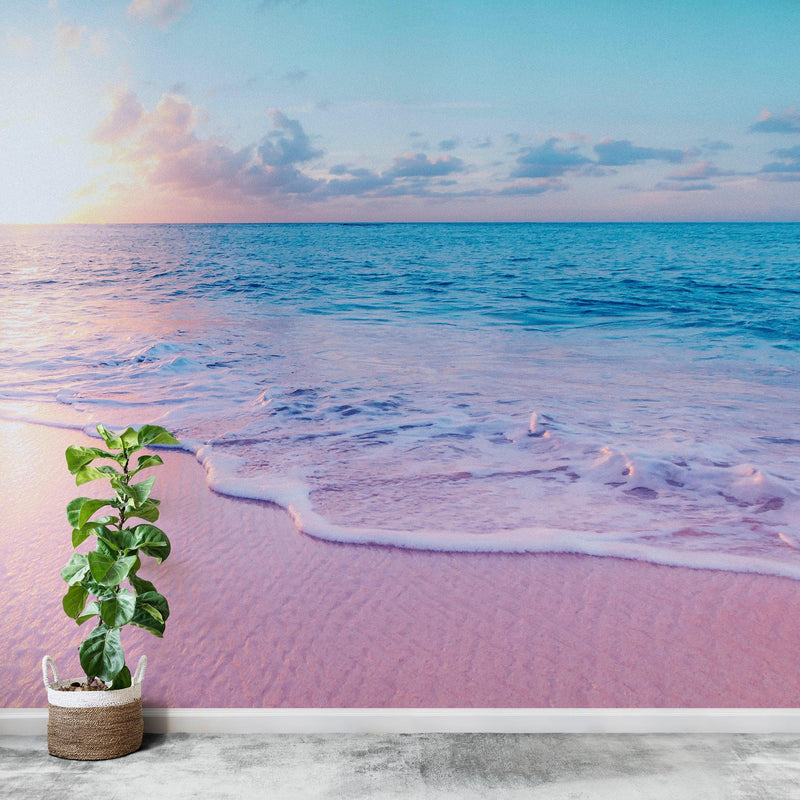 Pastel Color Sunset over Paradise Beach Wall Mural. Pastel Pink and Blue Color Scheme Peel and Stick Wallpaper.