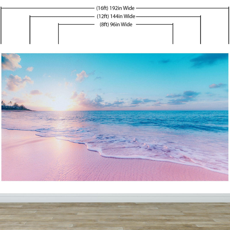 Pastel Color Sunset over Paradise Beach Wall Mural. Pastel Pink and Blue Color Scheme Peel and Stick Wallpaper.