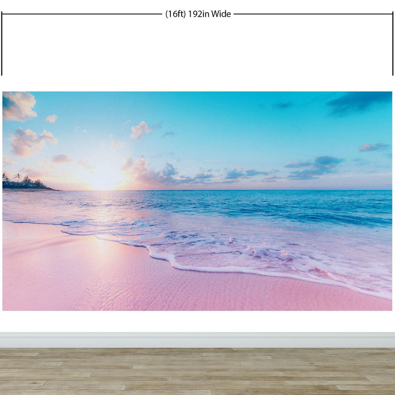 Pastel Color Sunset over Paradise Beach Wall Mural. Pastel Pink and Blue Color Scheme Peel and Stick Wallpaper.