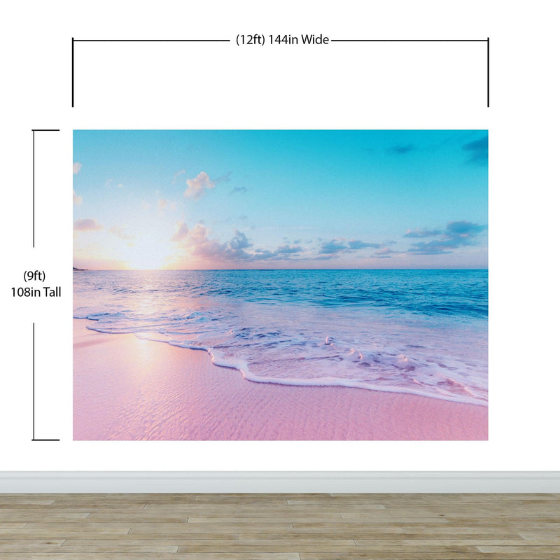 Pastel Color Sunset over Paradise Beach Wall Mural. Pastel Pink and Blue Color Scheme Peel and Stick Wallpaper.