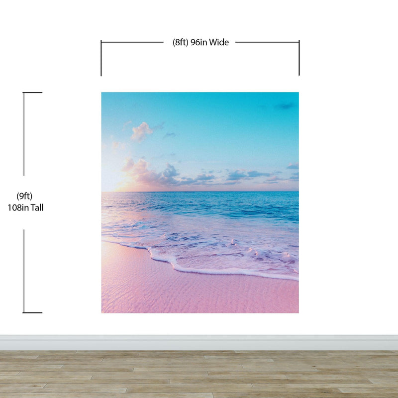 Pastel Color Sunset over Paradise Beach Wall Mural. Pastel Pink and Blue Color Scheme Peel and Stick Wallpaper.