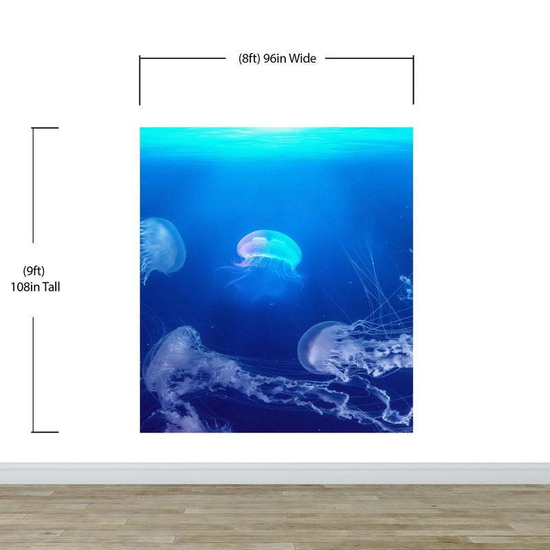 Jellyfish Floating Underwater Wall Mural. Deep Blue Ocean Peel and Stick Wallpaper.