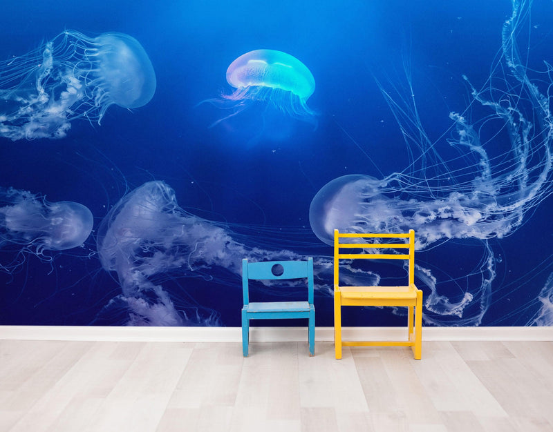 Jellyfish Floating Underwater Wall Mural. Deep Blue Ocean Peel and Stick Wallpaper.