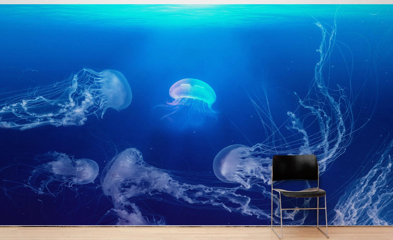 Jellyfish Floating Underwater Wall Mural. Deep Blue Ocean Peel and Stick Wallpaper.