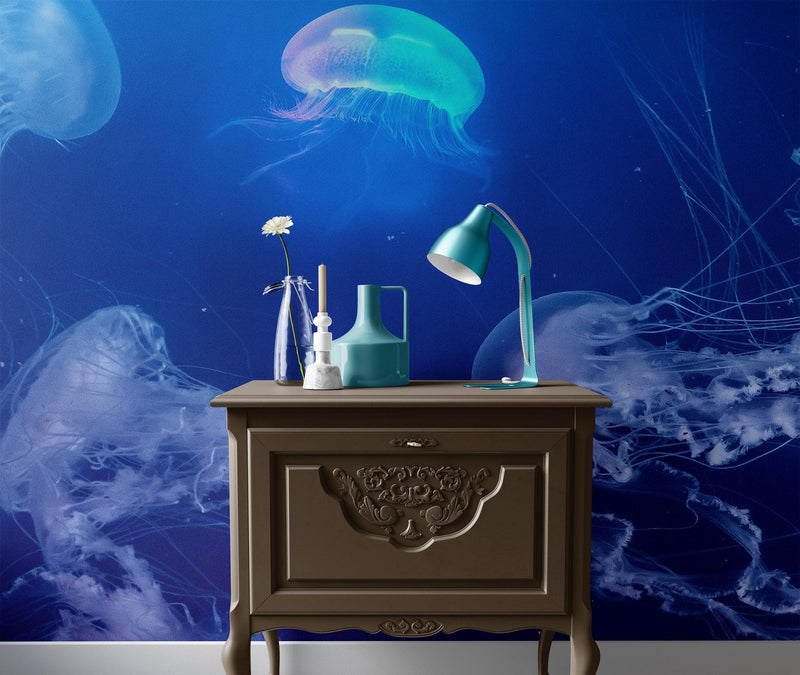 Jellyfish Floating Underwater Wall Mural. Deep Blue Ocean Peel and Stick Wallpaper.