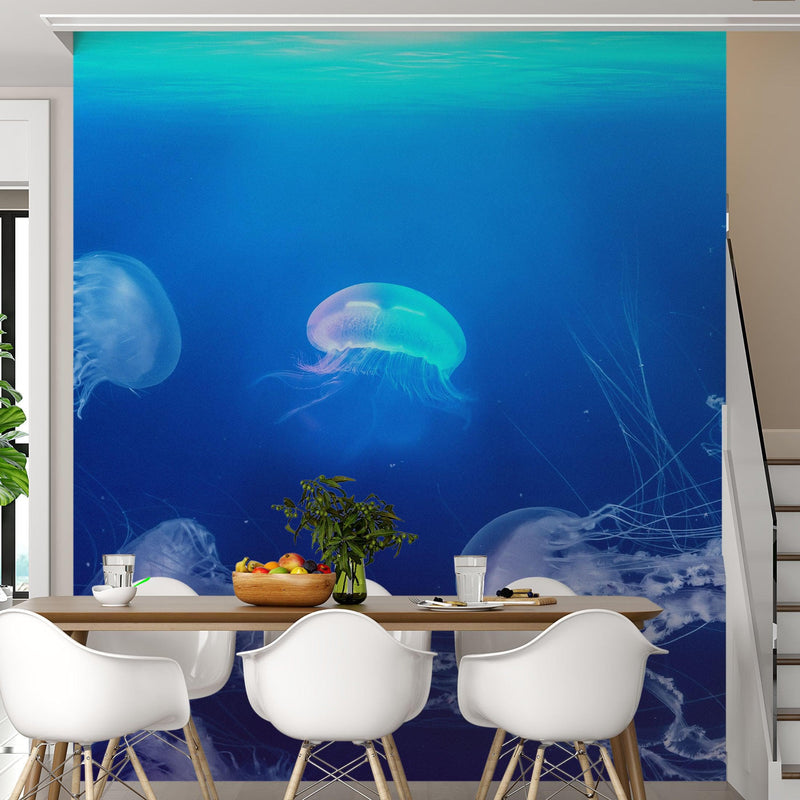 Jellyfish Floating Underwater Wall Mural. Deep Blue Ocean Peel and Stick Wallpaper.