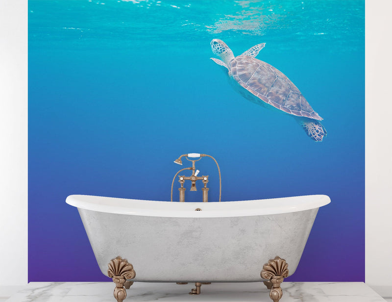 Swimming Sea Turtle Coming Up for Air Wall Mural. Pastel Color Sea Life. Peel and Stick Wallpaper.