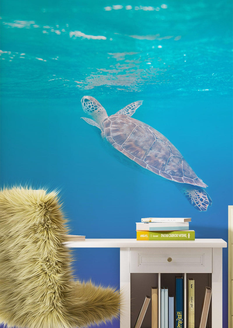 Swimming Sea Turtle Coming Up for Air Wall Mural. Pastel Color Sea Life. Peel and Stick Wallpaper.