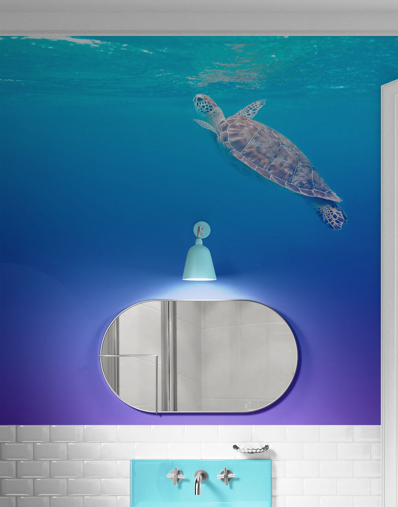 Swimming Sea Turtle Coming Up for Air Wall Mural. Pastel Color Sea Life. Peel and Stick Wallpaper.