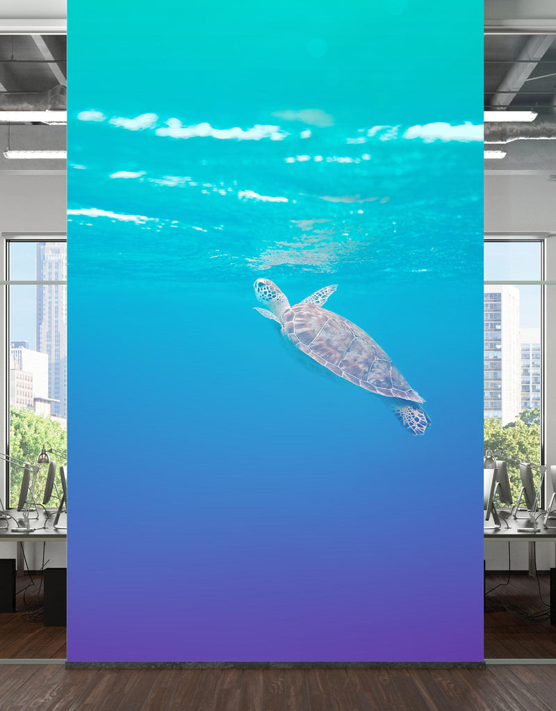 Swimming Sea Turtle Coming Up for Air Wall Mural. Pastel Color Sea Life. Peel and Stick Wallpaper.