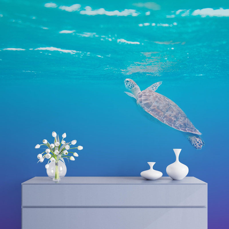 Swimming Sea Turtle Coming Up for Air Wall Mural. Pastel Color Sea Life. Peel and Stick Wallpaper.