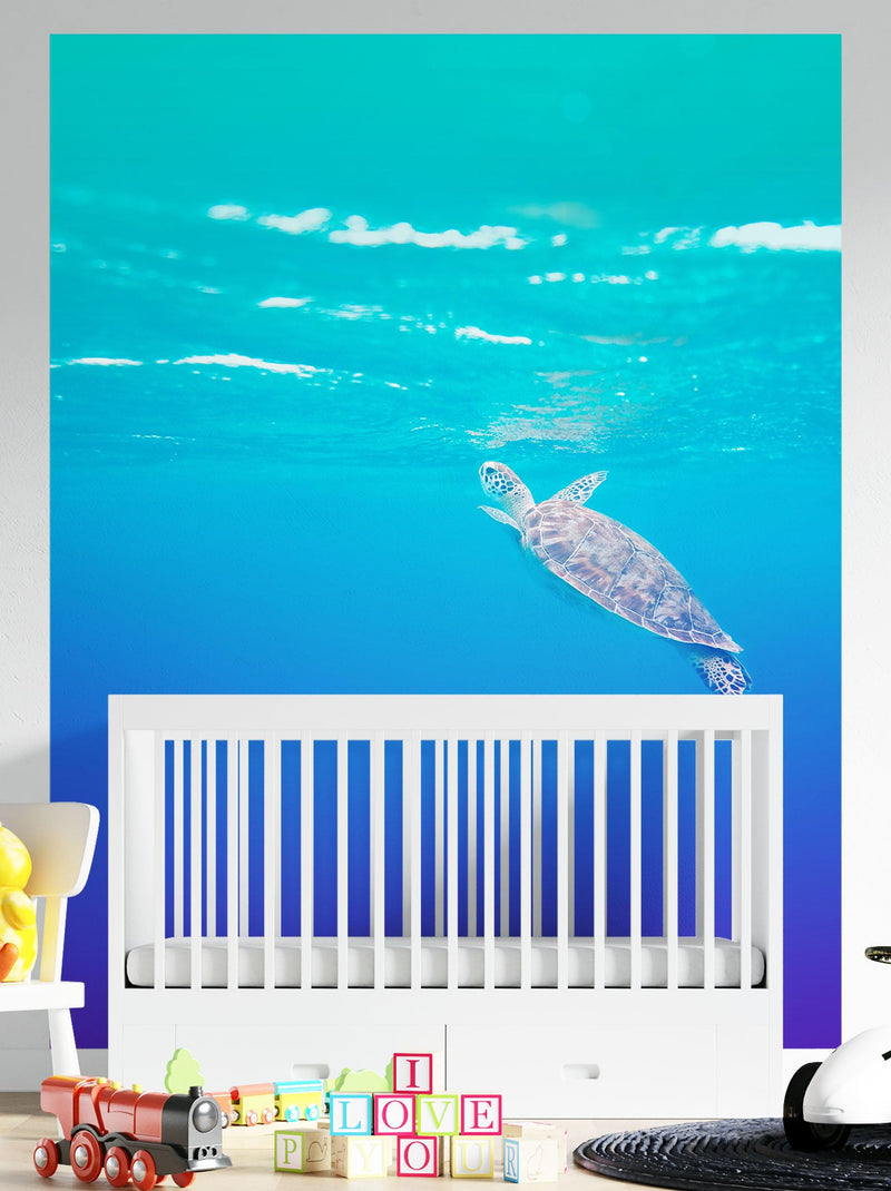 Swimming Sea Turtle Coming Up for Air Wall Mural. Pastel Color Sea Life. Peel and Stick Wallpaper.