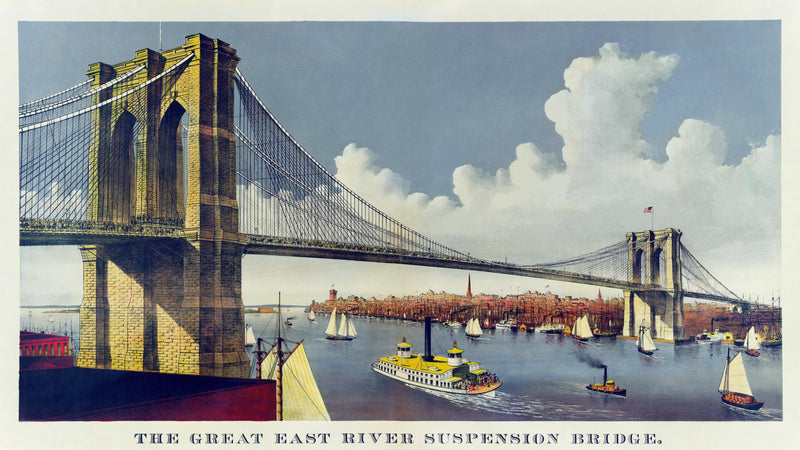 Vintage Brooklyn Bridge Illustration Wallpaper Mural - The Great East River Suspension Bridge.