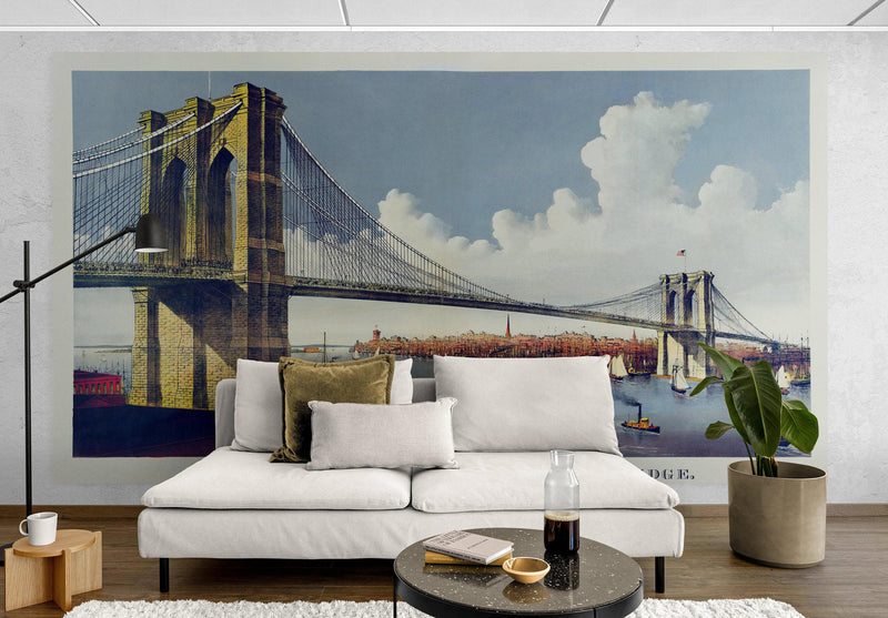 Vintage Brooklyn Bridge Illustration Wallpaper Mural - The Great East River Suspension Bridge.