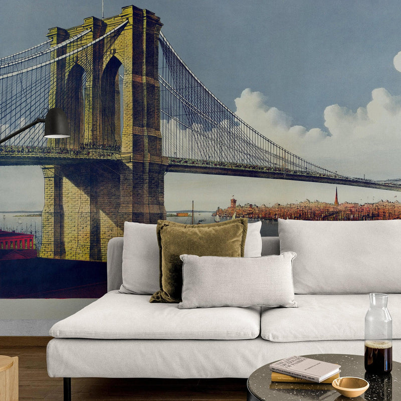 Vintage Brooklyn Bridge Illustration Wallpaper Mural - The Great East River Suspension Bridge.