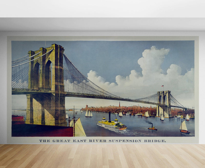 Vintage Brooklyn Bridge Illustration Wallpaper Mural - The Great East River Suspension Bridge.