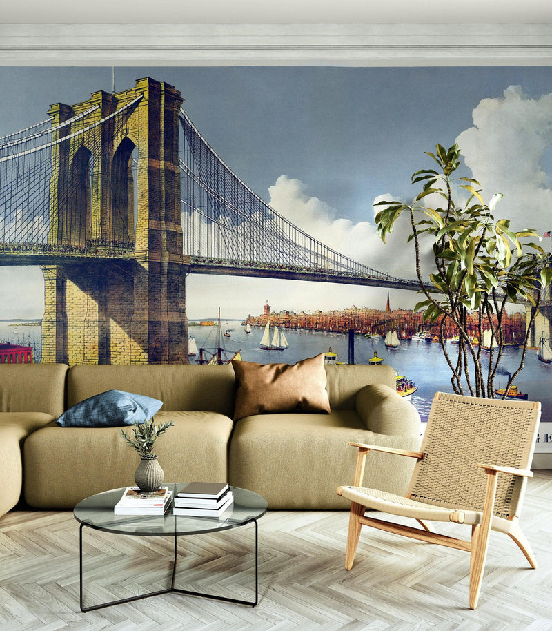 Vintage Brooklyn Bridge Illustration Wallpaper Mural - The Great East River Suspension Bridge.