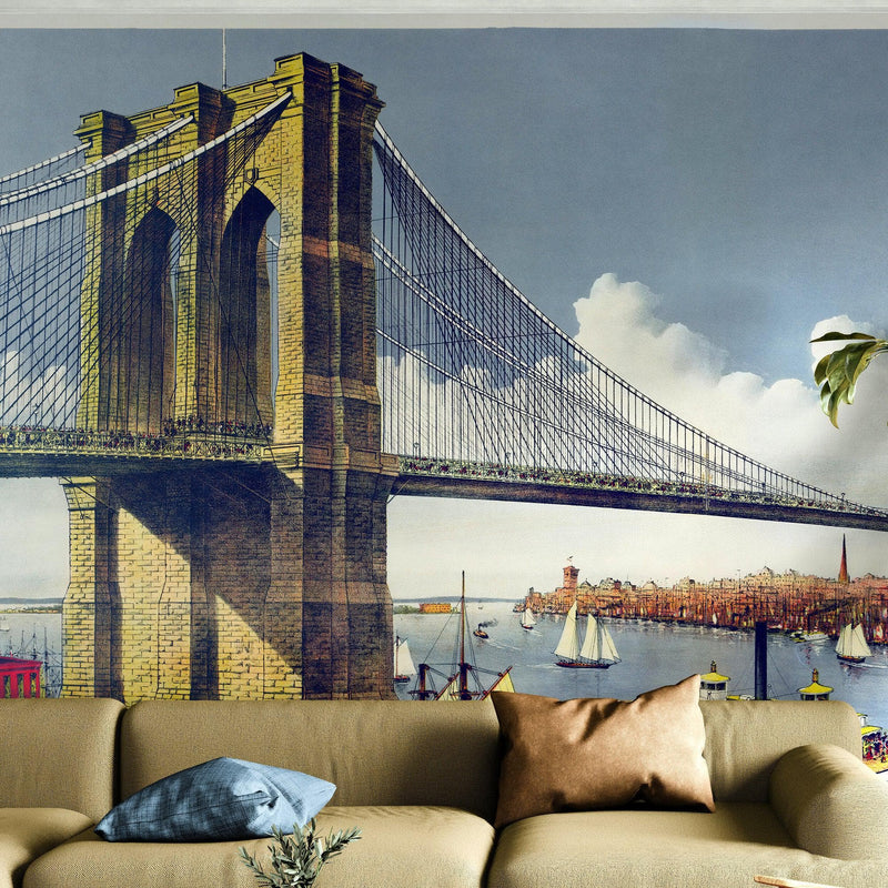 Vintage Brooklyn Bridge Illustration Wallpaper Mural - The Great East River Suspension Bridge.