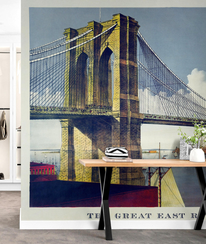 Vintage Brooklyn Bridge Illustration Wallpaper Mural - The Great East River Suspension Bridge.