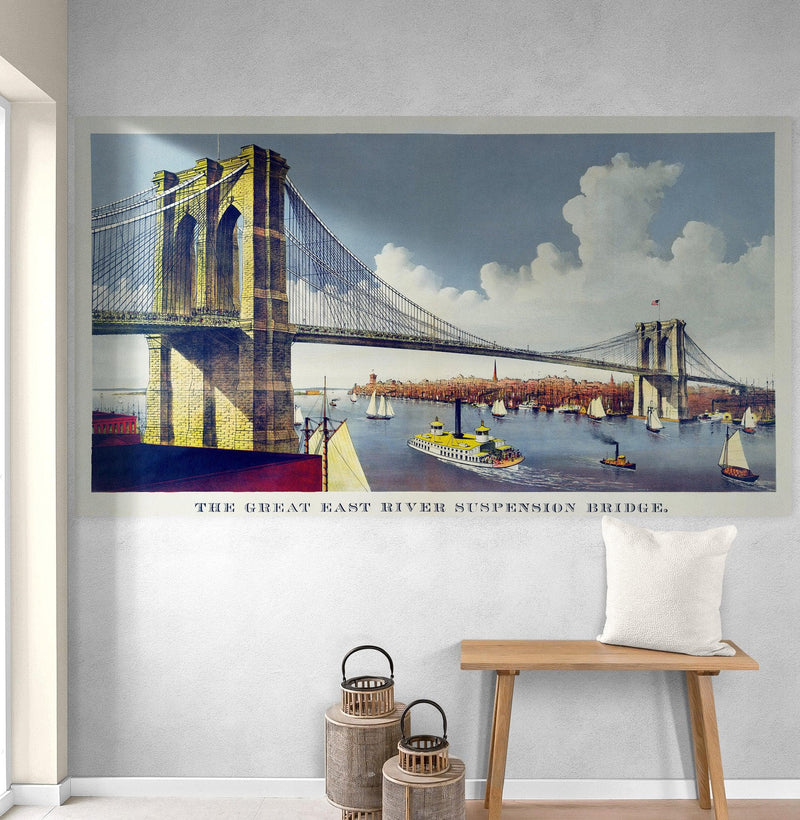 Vintage Brooklyn Bridge Illustration Wallpaper Mural - The Great East River Suspension Bridge.