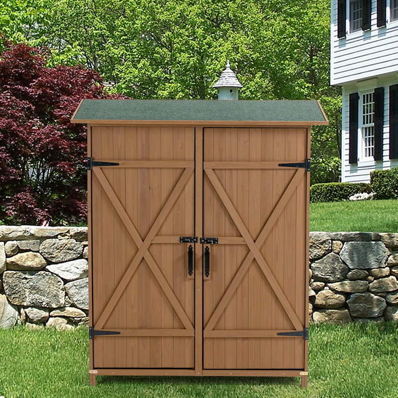 56"L x 19.5"W x 64"H Outdoor Storage Shed with Lockable Door, Wooden Tool Storage Shed w/Detachable Shelves & Pitch Roof,Yellow Brown