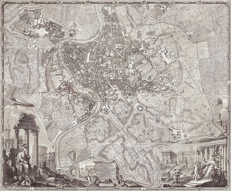 Vintage Old Map of Rome Italy Wall Mural. The Large Plan of Rome Peel and Stick Wallpaper.