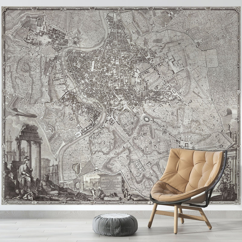 Vintage Old Map of Rome Italy Wall Mural. The Large Plan of Rome Peel and Stick Wallpaper.