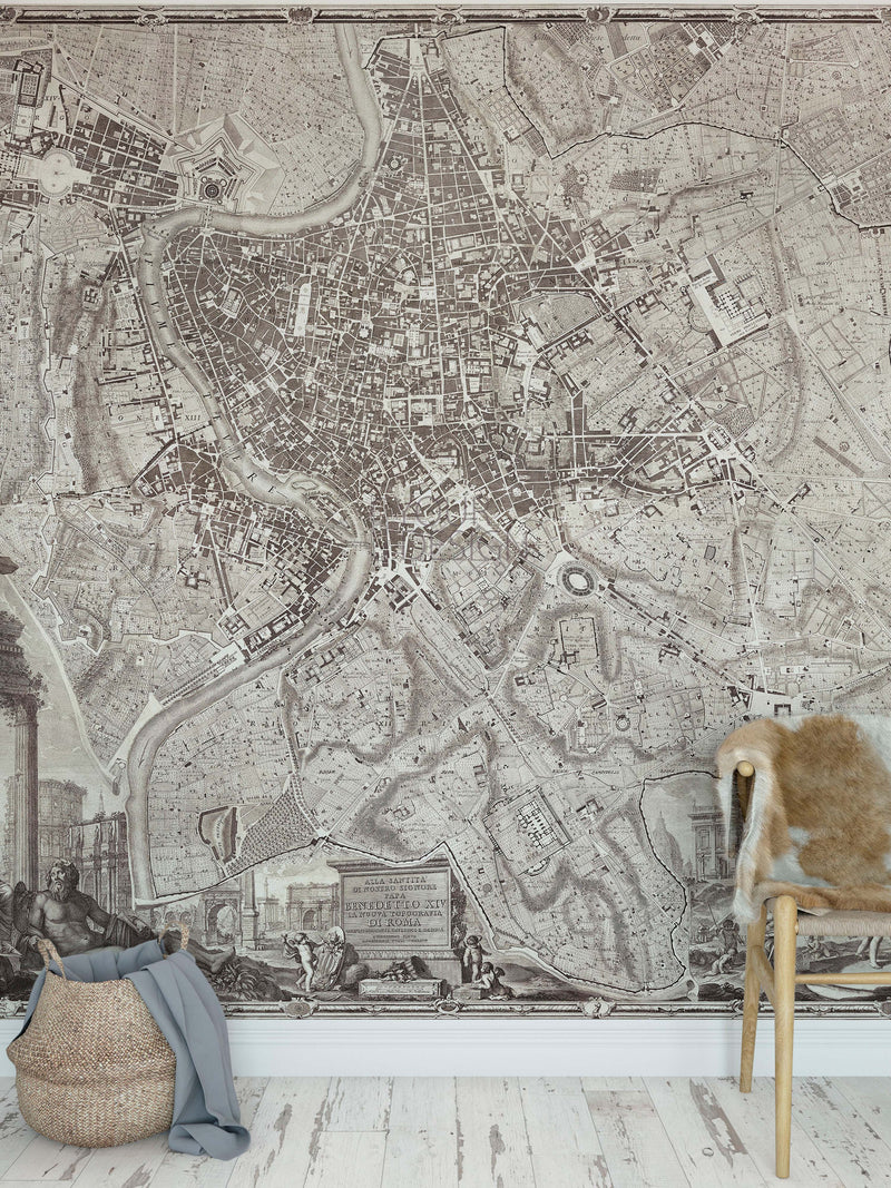 Vintage Old Map of Rome Italy Wall Mural. The Large Plan of Rome Peel and Stick Wallpaper.