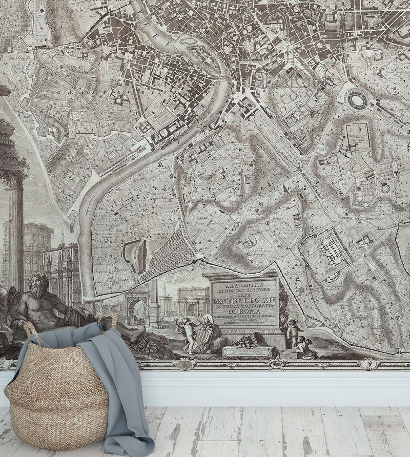 Vintage Old Map of Rome Italy Wall Mural. The Large Plan of Rome Peel and Stick Wallpaper.