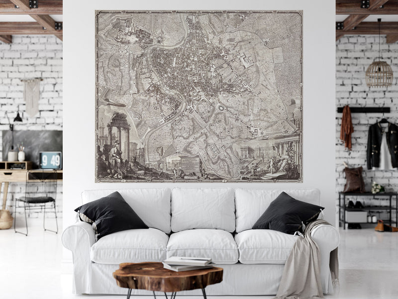 Vintage Old Map of Rome Italy Wall Mural. The Large Plan of Rome Peel and Stick Wallpaper.