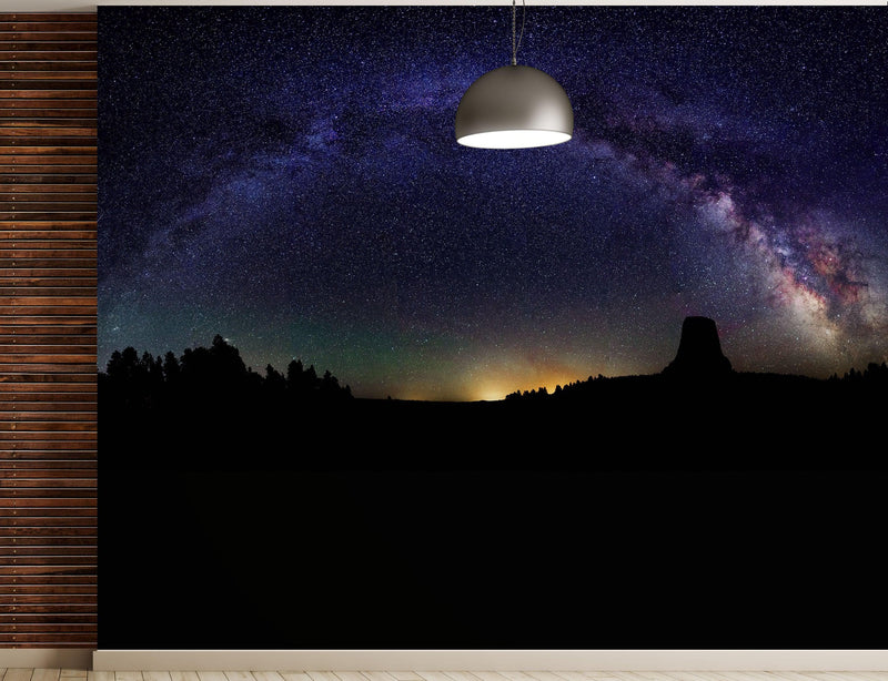 Milky Way Galaxy Stars Wall Mural. Starry Night Over Devils Tower National Monument Park.