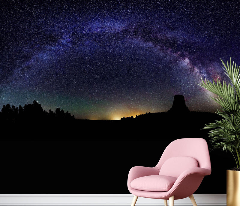 Milky Way Galaxy Stars Wall Mural. Starry Night Over Devils Tower National Monument Park.