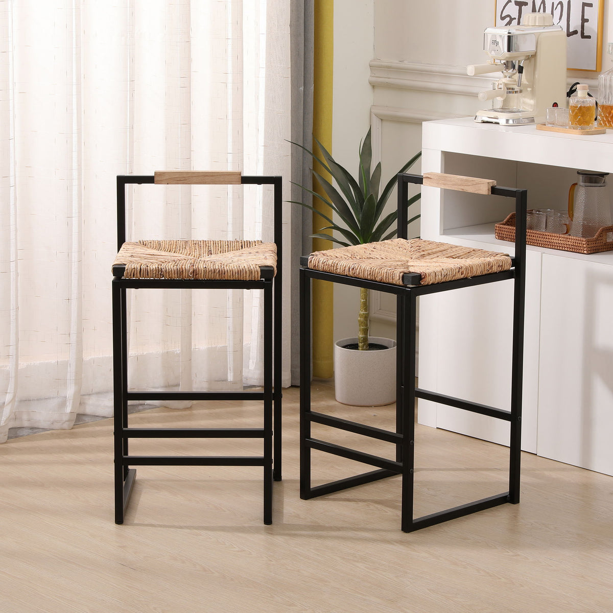 Water Hyacinth Woven Bar Stools With Back Support, Counter Height Dining Chairs (Set of 2) - Natural, photo 2 of 4