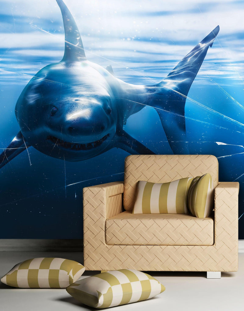 Great White Shark Attack Aquarium Glass Wall Mural. Peel and Stick Wallpaper.